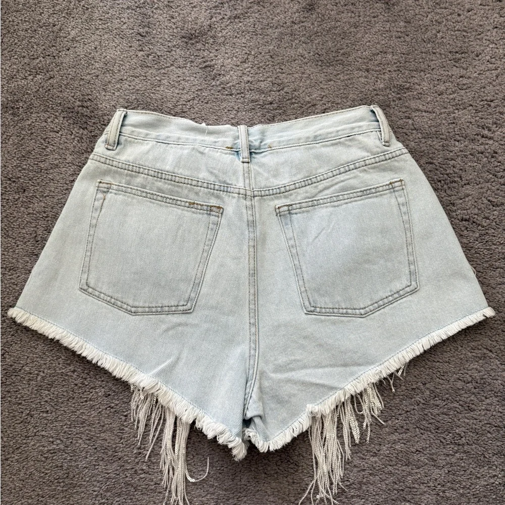 Pearl-Embellished Light Blue Fringe Denim Shorts - Picture 4 of 6